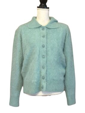 Vintage Venesha Angora‎ Button Down Cardigan Sweater with Collar SZ Large Green